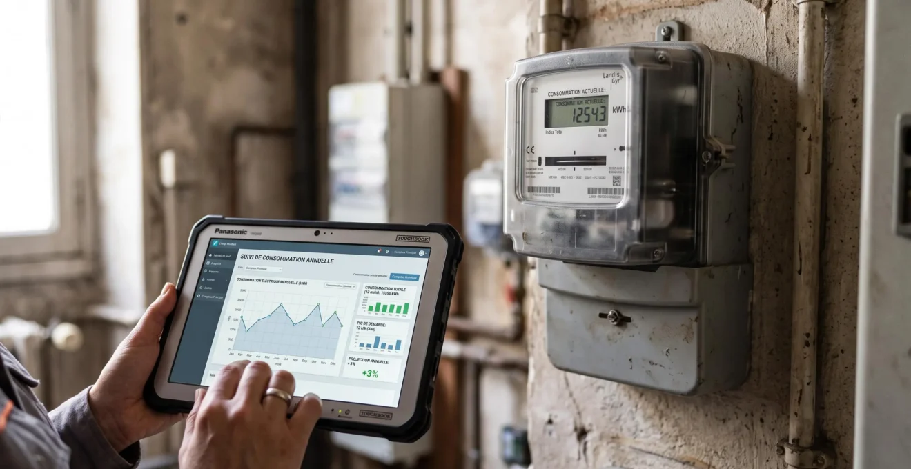 Compteur électrique industriel avec affichage numérique et main tenant tablette affichant graphiques consommation énergétique entreprise sur 12 mois