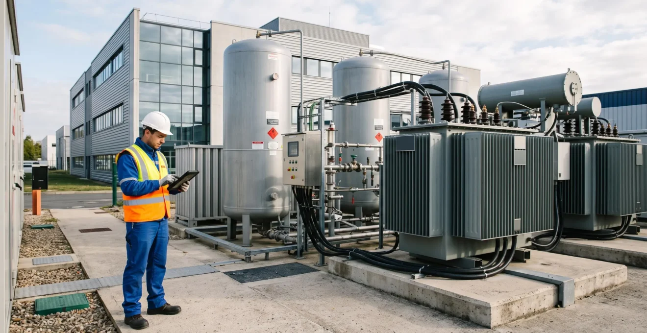 Installation industrielle de stockage gaz et électricité avec cuves cylindriques et transformateurs, technicien effectuant contrôle maintenance sur site professionnel parisien
