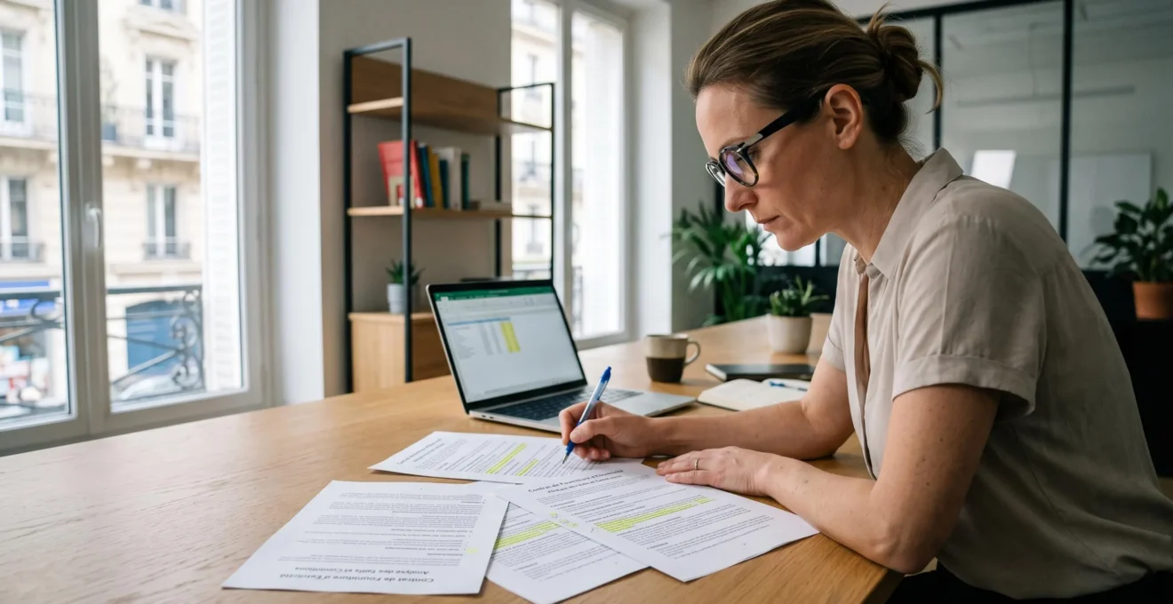 Responsable achats en bureau professionnel parisien examinant et comparant plusieurs contrats fourniture énergétique imprimés avec annotations manuscrites